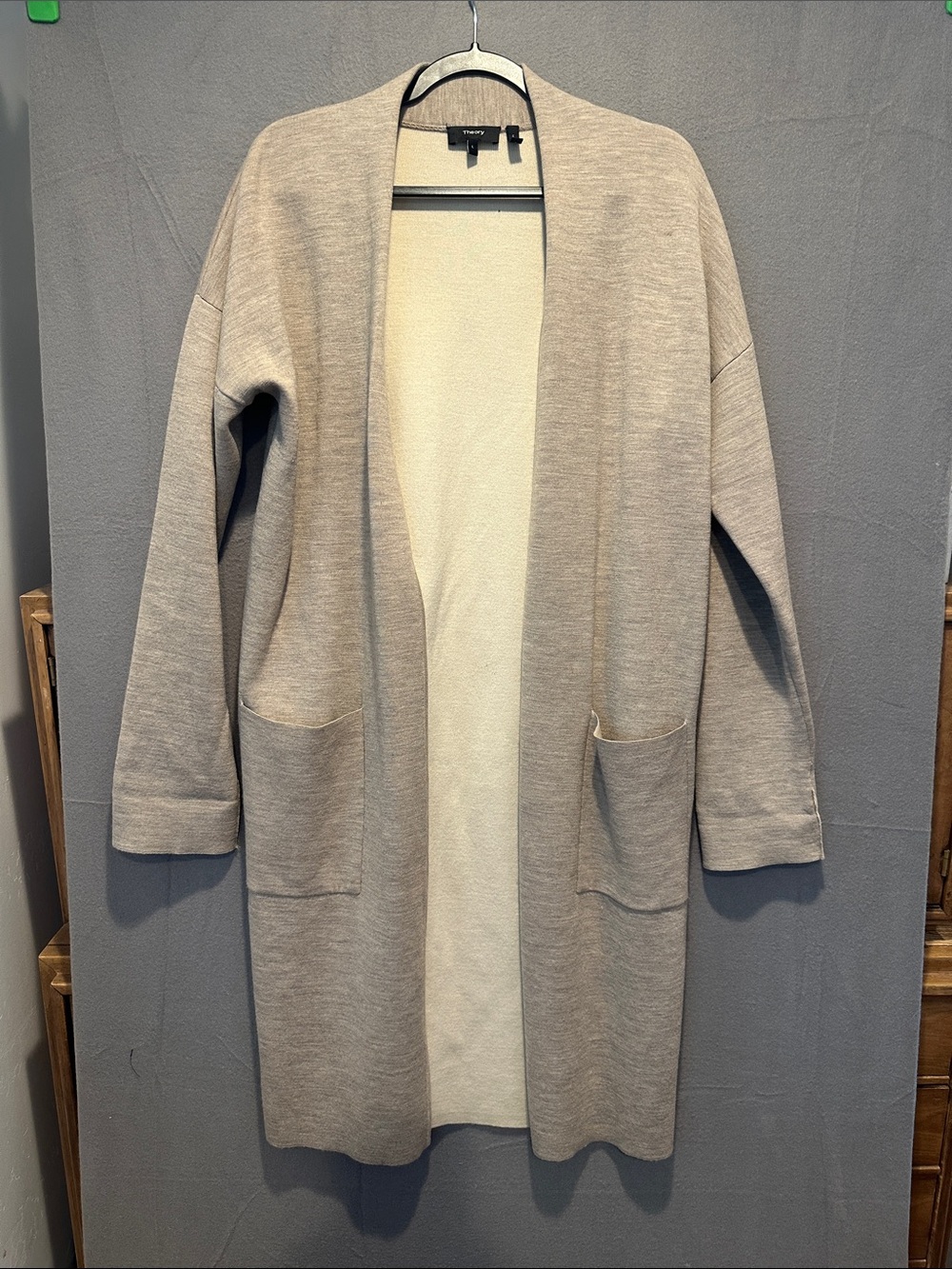 Theory Beige Open-Front Long Cardigan